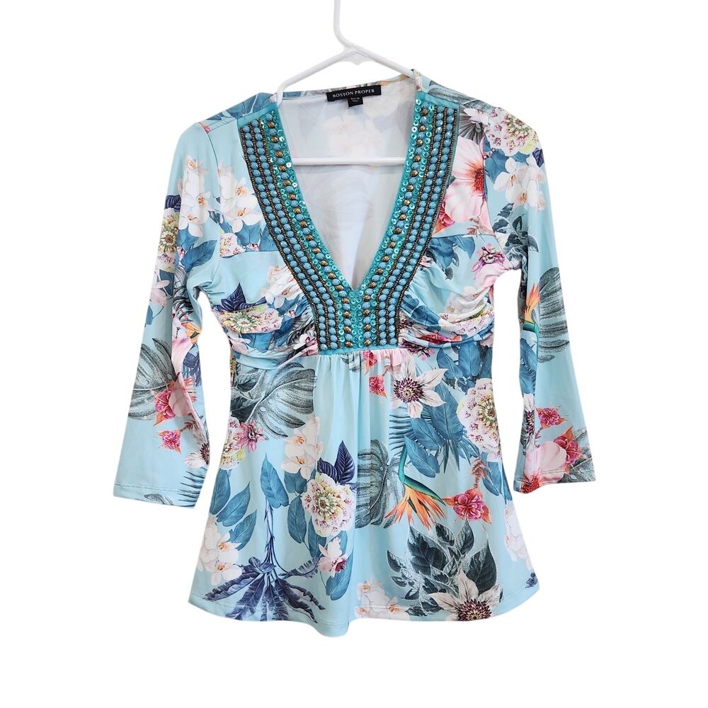 Boston Proper Floral Embellished Blouse - Blue and Pink